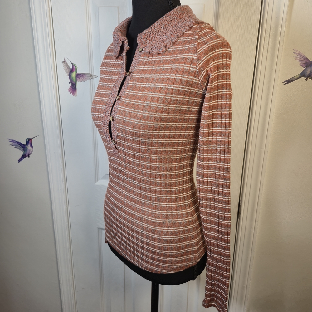 Free People Crochet Collar Henley Ribbed Stripe Long Sleeve Top XS - Picture 3 of 8